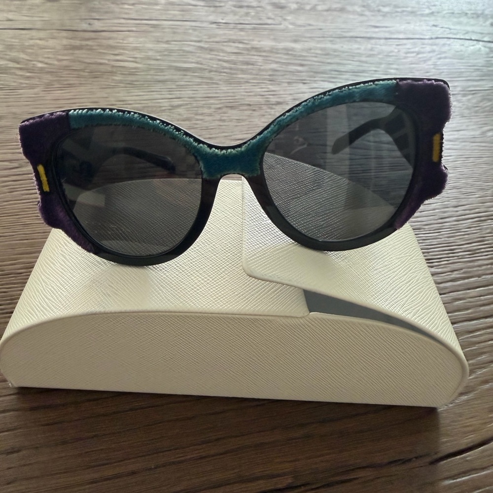 Prada Velvet Trim Cat-Eye Sunglasses in Teal and Purple